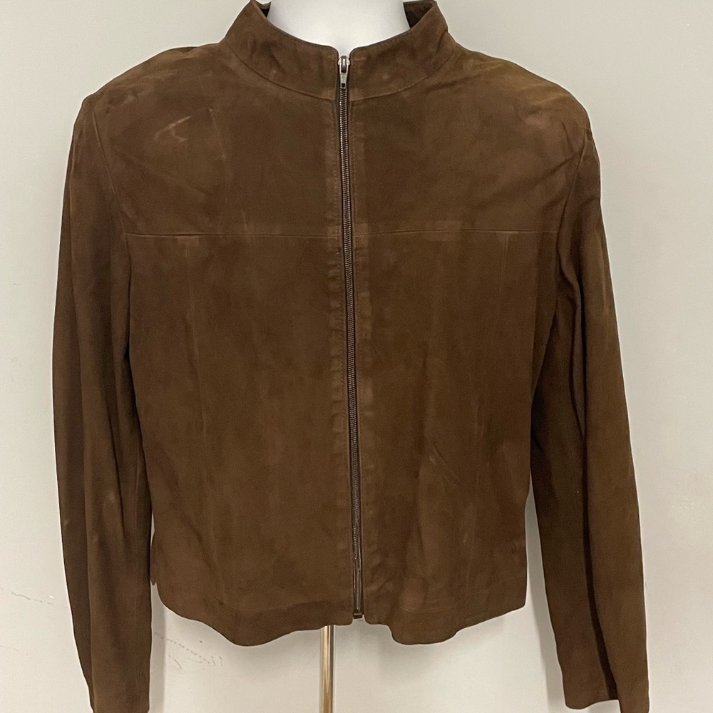 Women suede jacket brown zipper front modern fit - Picture 1 of 4